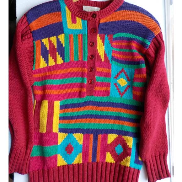 Vtg John Henry Pink Sweater Women Medium Geometric Multicolor Y2K Ramie Button - Picture 11 of 11
